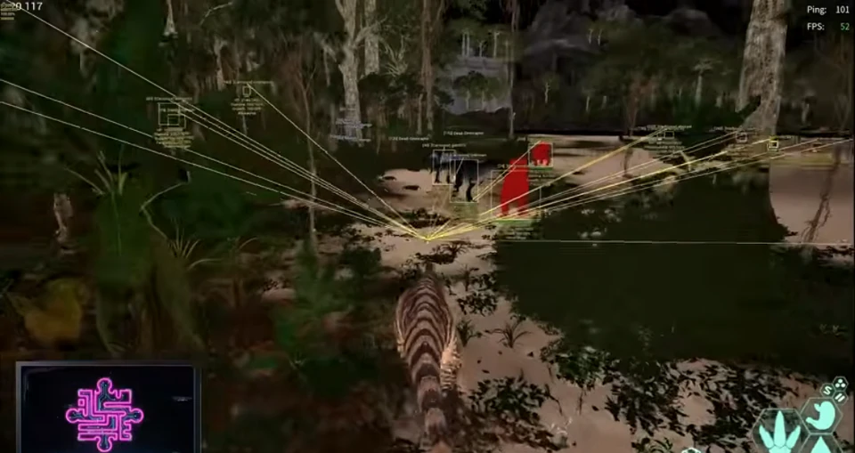 The Isle cheats ESP overlay showing player and dinosaur information on PC